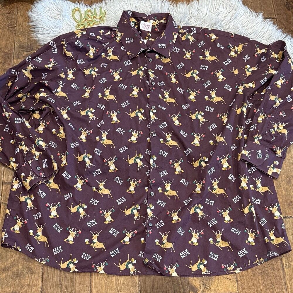 North Pole Button Up Shirt Mens 3XL Brew Dolph Reindeers Rudolph Christmas